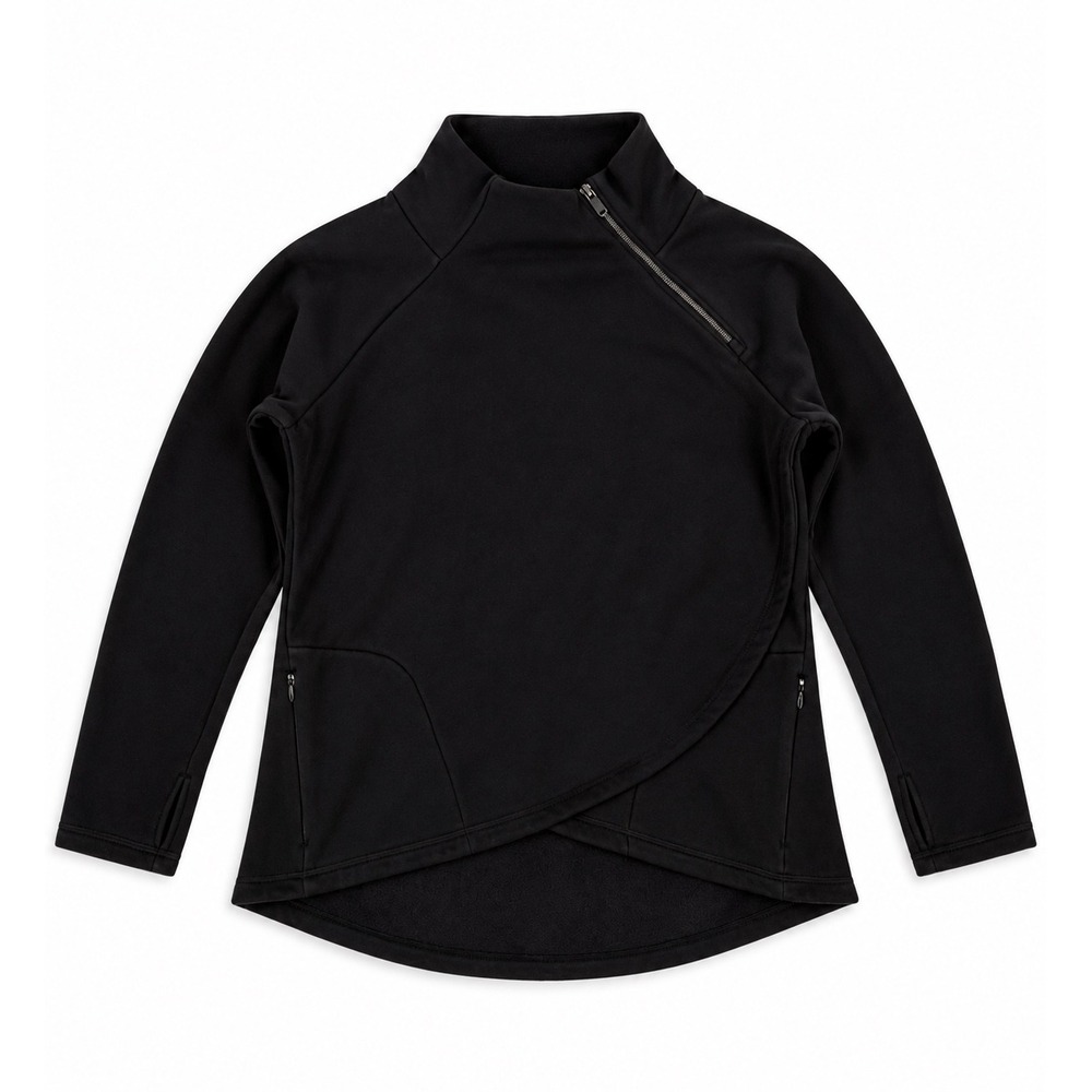 Athleta Cozy Karma Asym Pullover Black Asymmetrical Zip Fleece Sweatshirt XL